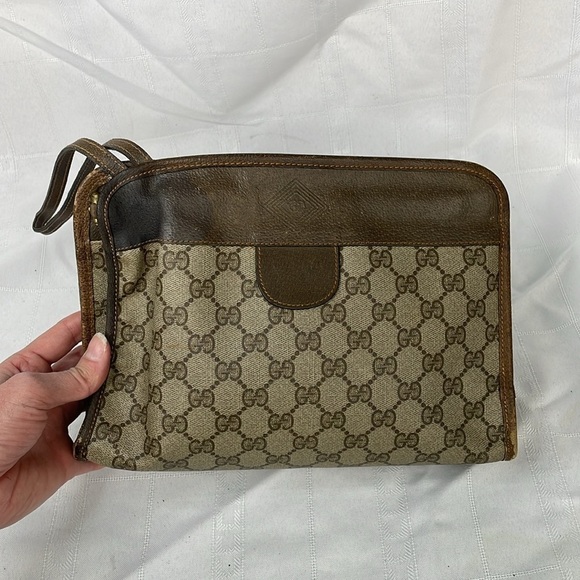 Vintage Gucci Monogram GG Supreme Canvas Leather Clutch Wristlet Bag Hinge - Picture 6 of 17